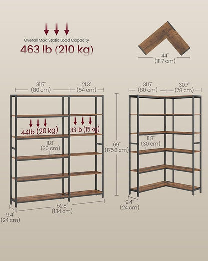 VASAGLE 6 Tier Bookshelf with Metal Frame, Convertible Industrial Corner Shelf - Image 3