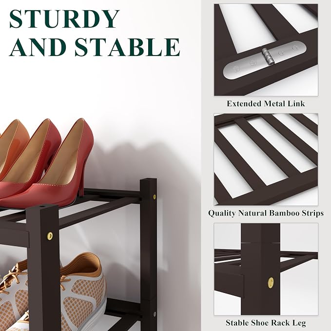 Smiry Bamboo Shoe Rack for Closet, 3 Tier Long Wooden Stackable Shoe Organizer - Image 2