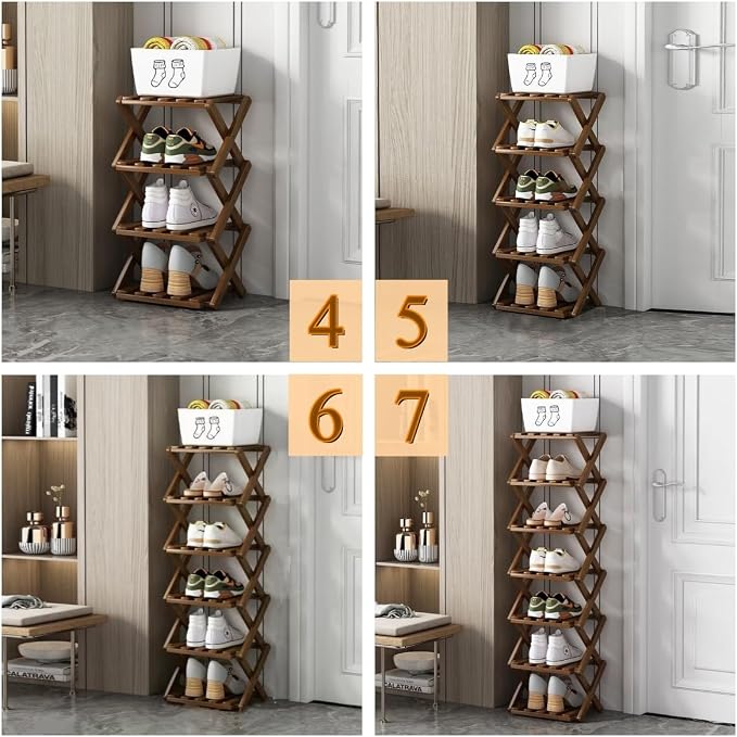 7 Tier Foldable Shoe Rack, Bamboo Vertical Shoe Organizer Tall - Image 6