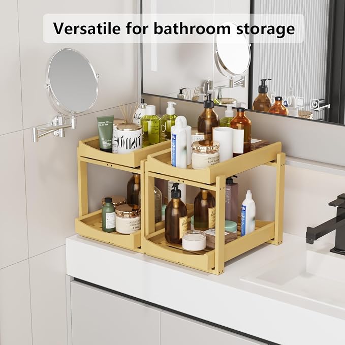 Bamboo Under Sink Organizer Adjustable Height 2 Tier Bathroom Organizer Pull - Image 6