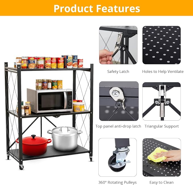 COKIHOM 3-Tier Folding Shelf, No Assembly Metal Shelving Unit - Image 5