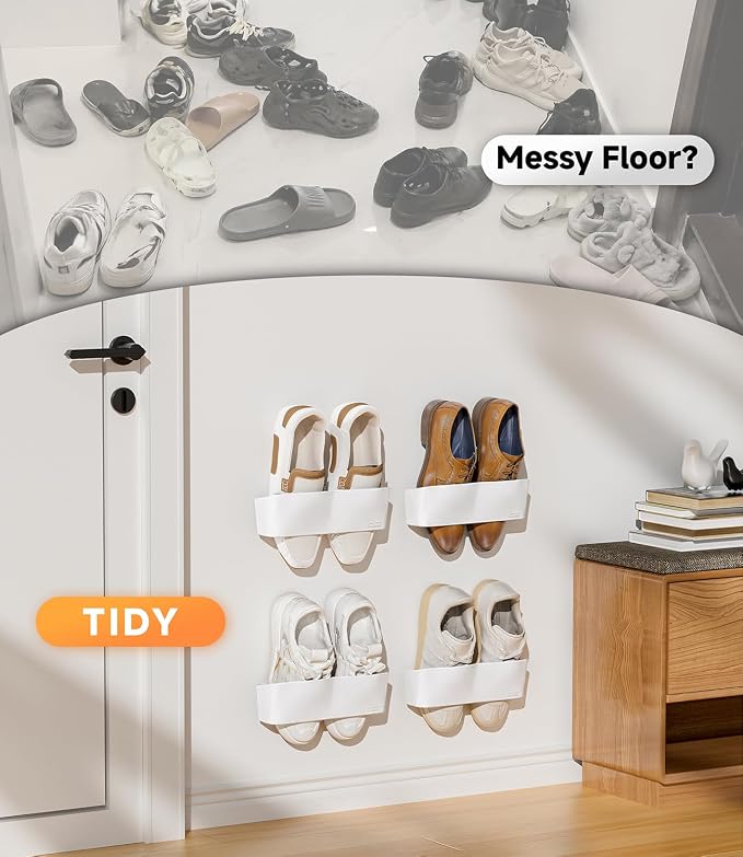 Wall Mounted Shoe Rack, Adhesive & Drill Mount Hanging Shoe Organizer, Plastic - Image 3