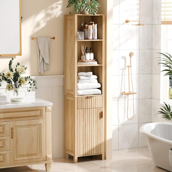 VINGLI Narrow Fluted Bathroom Floor Skinny Storage Cabinet by VINGLI