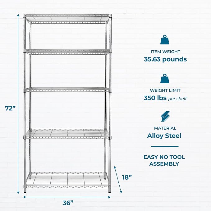 Honey-Can-Do 5-Tier Rolling Chrome Wire Shelf, 350 lb/Shelf, 750 lb total on - Image 3