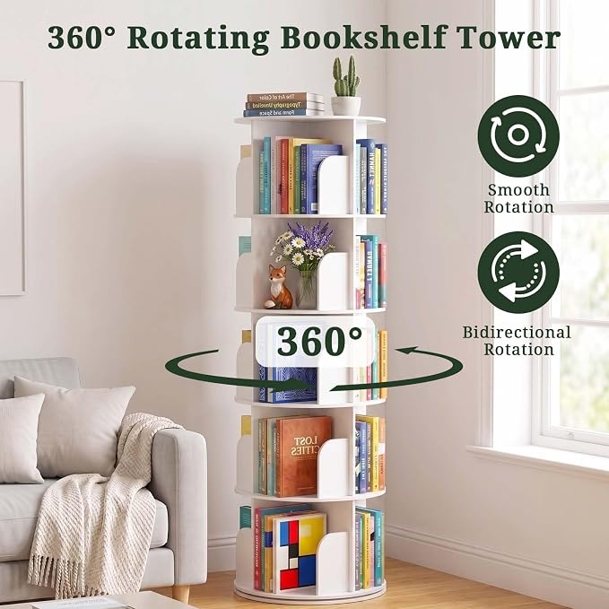 5 Tier Rotating Bookshelf Tower, Round Spinning Bookshelf | 360°revolving - Image 5