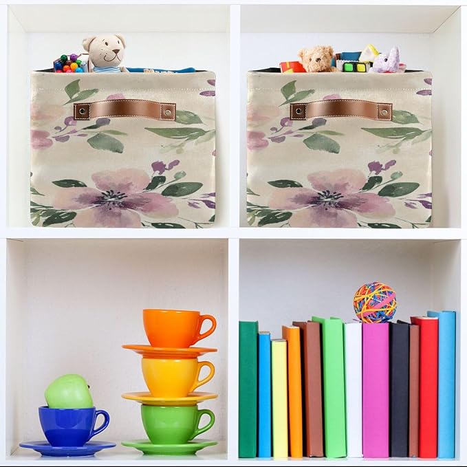 Rustic Pink Green and Purple Flower Storage Bins Box Foldable Shelf Basket - Image 6