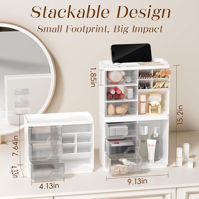 Small Makeup Organizer with Drawers, Stackable Bathroom Couneter Organizer with - Image 4