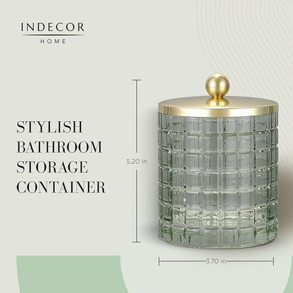 Sage Colored Tranlucent Apothecary Etched Geometric Grid Glass Jar W/Gold Metal - Image 6