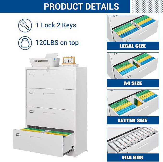 Lateral File Cabinet with Lock, 4 Drawer Large Metal Filing Cabinet, Home - Image 5