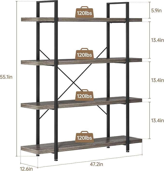 Heavy Duty 4-Tier Industrial Bookcase, 120lbs Shelf Capacity, Rustic Shelving - Image 2