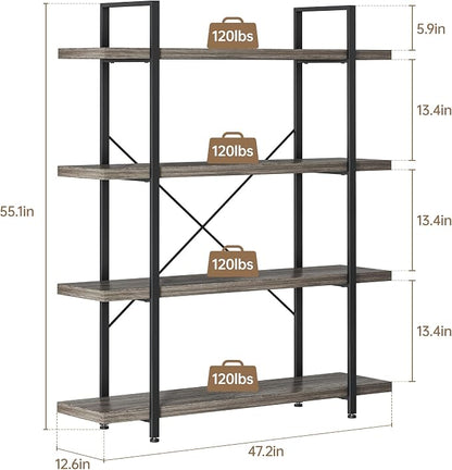 Heavy Duty 4-Tier Industrial Bookcase, 120lbs Shelf Capacity, Rustic Shelving - Image 2