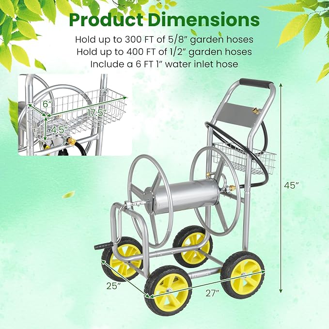 Goplus Garden Hose Reel Cart, 300 ft 5/8" or 400 ft 1/2", Heavy-Duty Metal Hose - Image 7