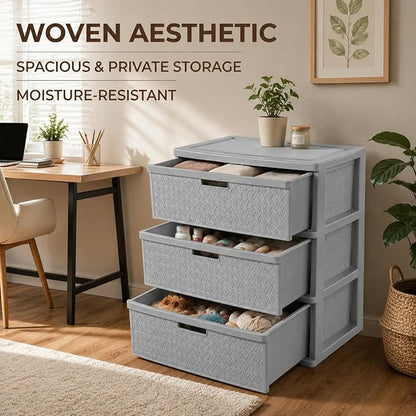 Wide 3-Drawer Plastic Storage Tower, Cross-Weave Decorative Organizer Chest - Image 8