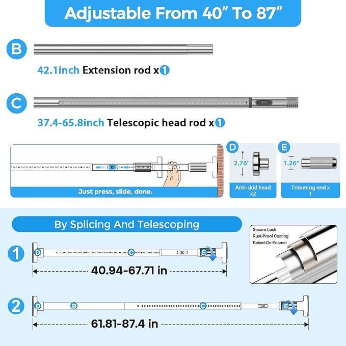 AIZESI 41-86 Inch Heavy Duty Silver Tension Curtain Rod - Image 7