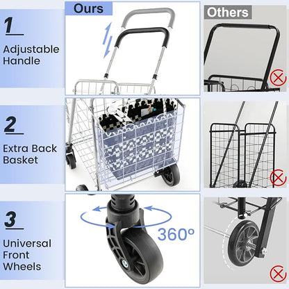 Goplus Folding Shopping Utility Cart, Double Basket and 360° Swivel Wheels - Image 3
