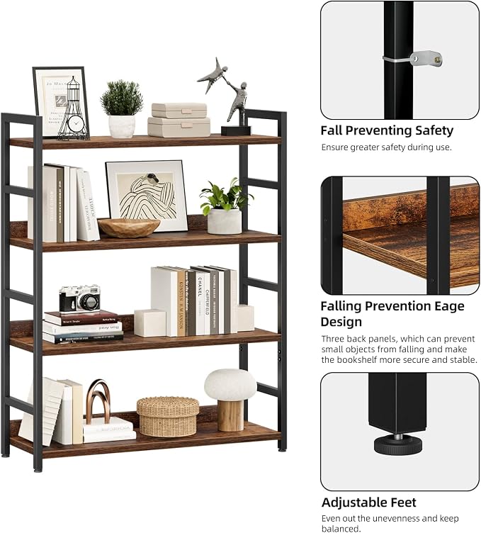 NUMENN Wide Bookshelf, 4 Tier Freestanding Shelving Unit, Vintage | Metal Frame - Image 6
