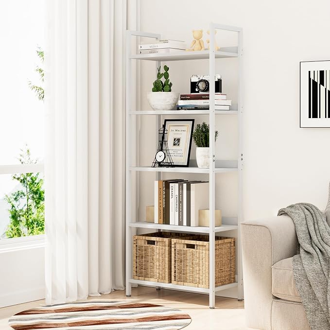 NUMENN Bookshelf, 5 Tier Freestanding Shelving Unit, Falling Prevention Baffle - Image 4