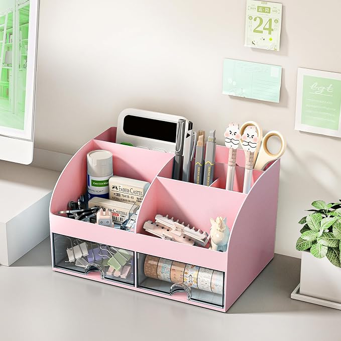 COMFYROOM Desk Organizer with 6 Compartments and 2 Drawers, Plastic Makeup - Image 4