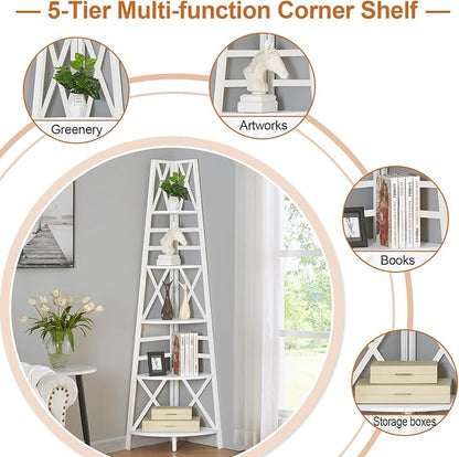 HOMBAZAAR 5 Tier Corner Shelf, 72 Inch Industrial Corner Bookshelf, Tall Ladder - Image 7