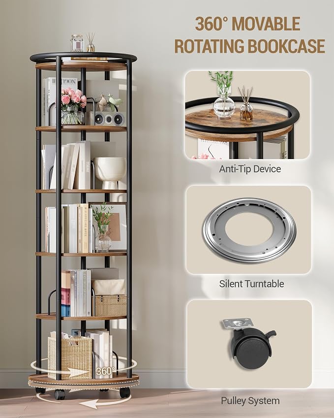 Hzuaneri Rotating Bookshelf, 360° Spinning Bookshelf Tower, Round Book Shelf | - Image 5