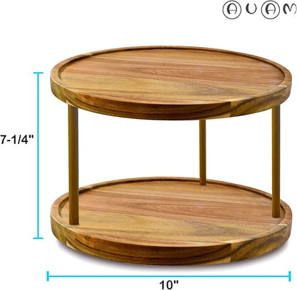 10" Two-Tier Acacia Wood Lazy Susan Organizer Kitchen Turntable - Image 3