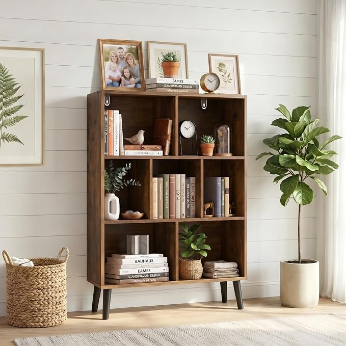 7 Cube Bookshelf, 3 Tier Mid-Century Modern Bookcase - Image 2
