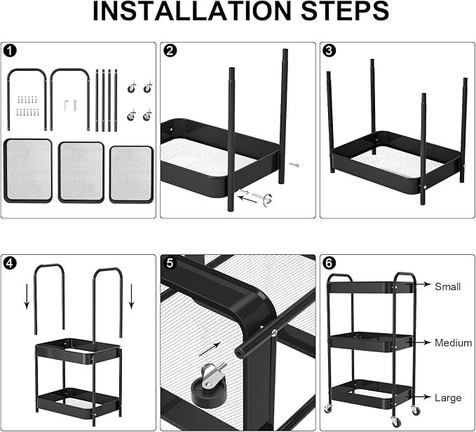 3-Tier Rolling Cart, Metal Utility Storage Carts - Image 5