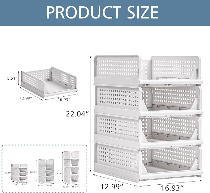 VECELO 4 Pack Plastic Closet Shelf Organizer, Stackable Sweater Storage Closet - Image 2