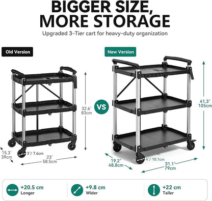 YITAHOME 3-Tier Large Folding Utility Cart w/Wheels, 300lbs | Foldable Service - Image 2