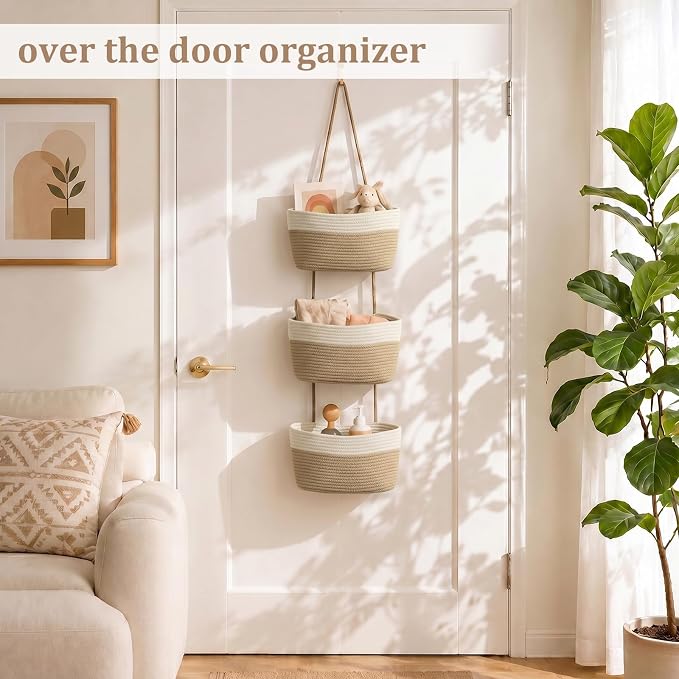 TeoKJ Over the Door Hanging Basket, 3-Tier Woven Cotton Wall-Mounted Storage - Image 2