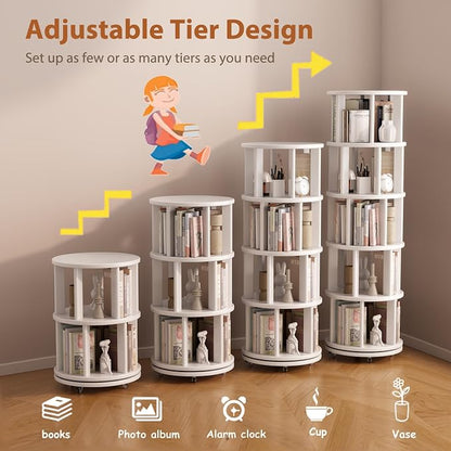 Solid Wood Rotating Bookshelf on Wheels, 5 Tier, Round Revolving Bookcase - Image 7