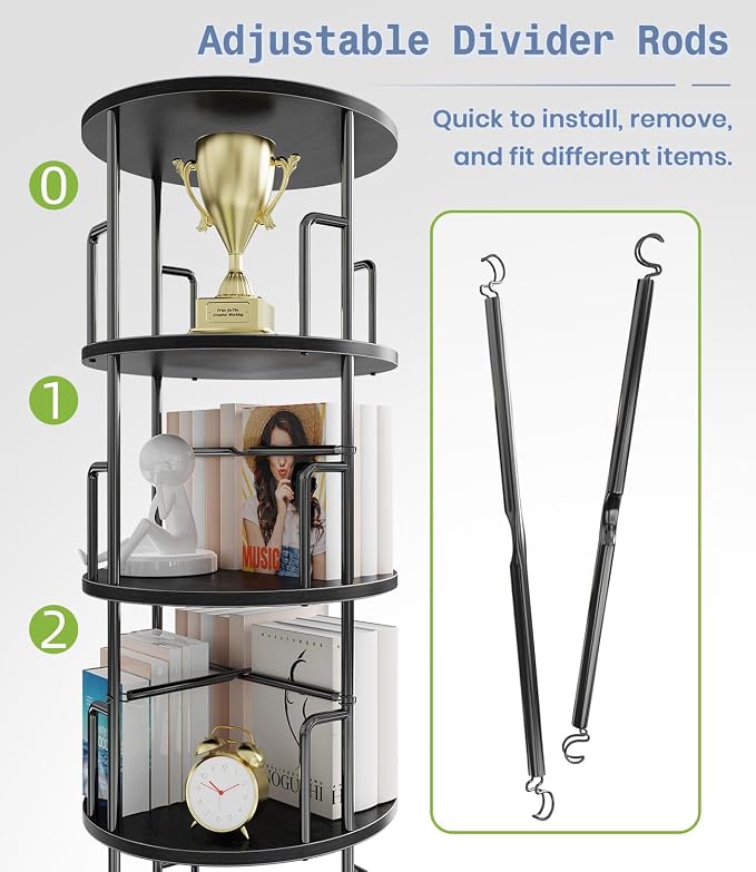 6 Tier Rotating Bookshelf Tower Round Black, 74”Tall Spinning Bookshelf Tower - Image 4