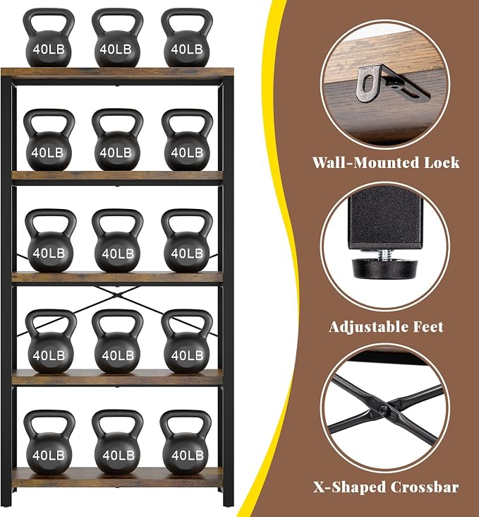 5-Tier Adjustable Heavy Duty Bookshelf, Industrial Wooden Open Storage Rack - Image 4