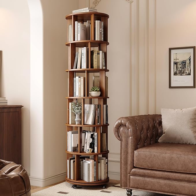 IUNVR Rotating Bookshelf, 6 Tier Solid Wood Bookshelf Tower by IUNVR