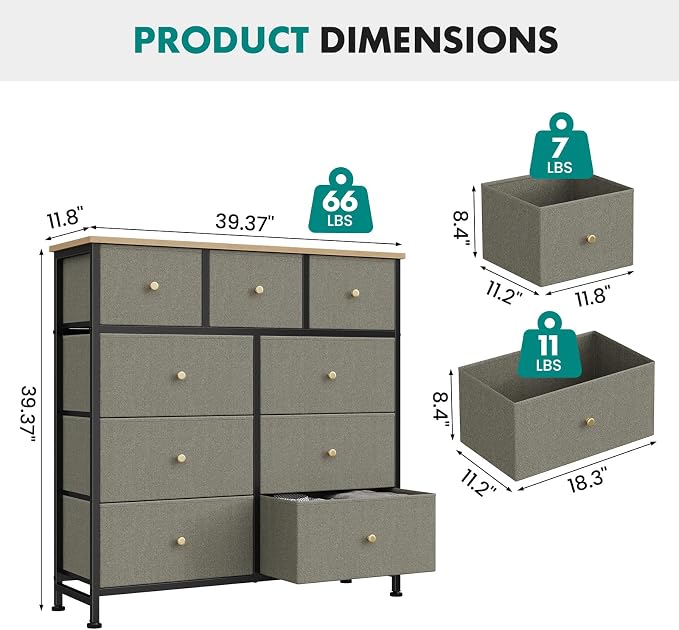DUMOS 9 Drawer Dresser for Bedroom, Storage Organizer Chest of Drawers | Fabric - Image 3