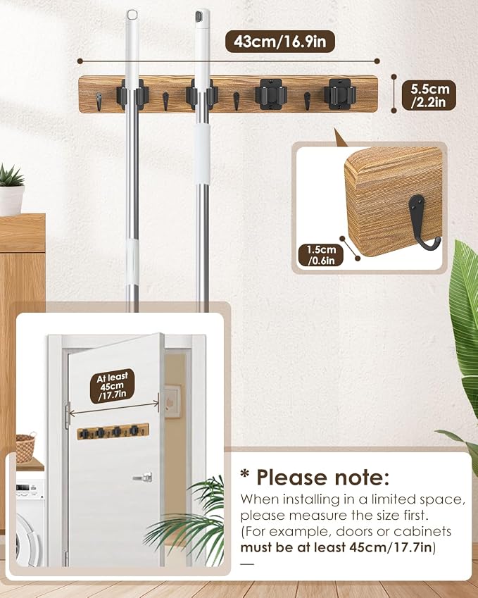 AceMining Broom Holder Wall Mounted, 2 Pack 4 Holders and 4 Hooks Mop Holder - Image 4