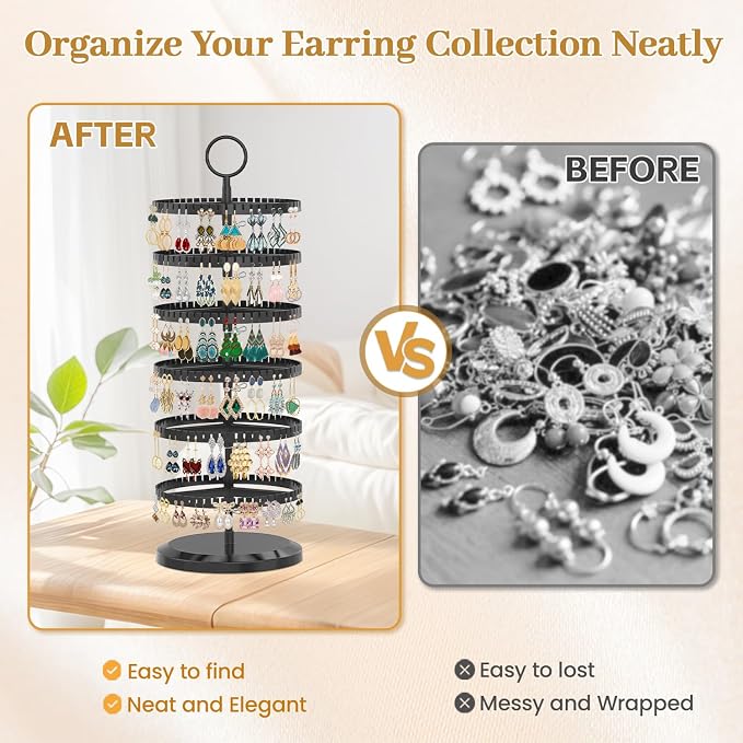 MODOWEY Rotating Earring Holder Organizer Adjustable Display, 6 Tiers Black | - Image 6