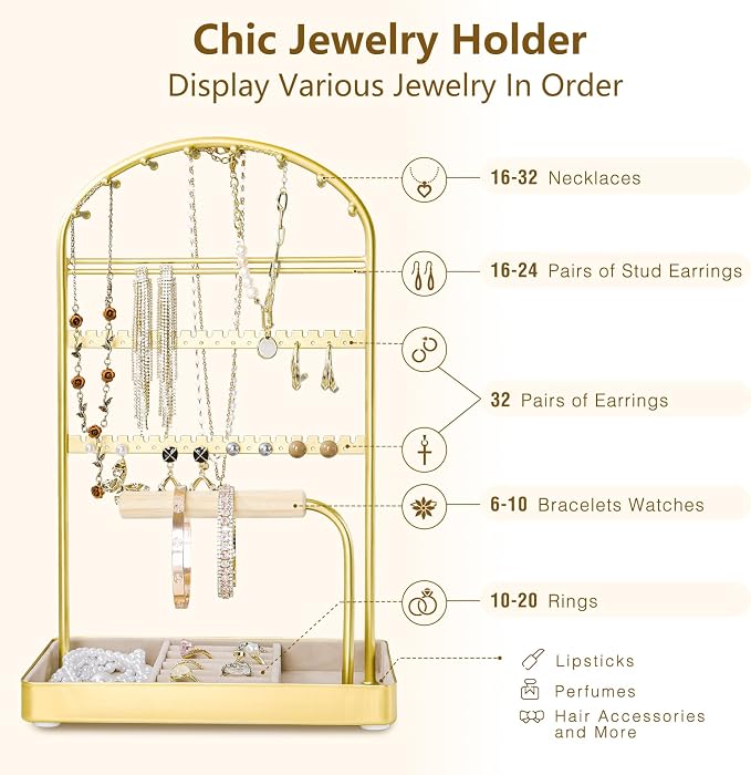 Multi-Functional Jewelry Holder Organizer Necklace Display Stand Velvet Lined - Image 5