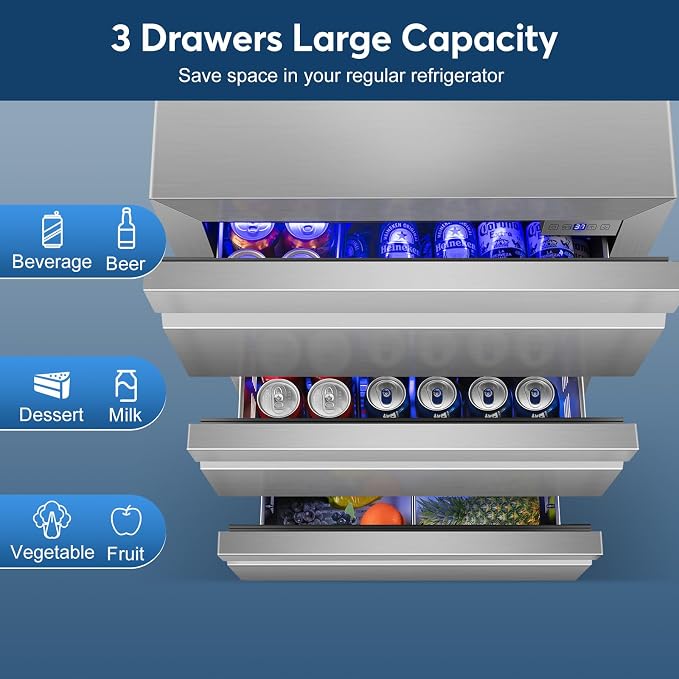 Stainless Steel 3-Tier Drawer Fridge Undercounter, Outdoor Beverage Refrigerator - Image 8
