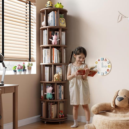 Solid Wood Rotating Bookshelf on Wheels, 6 Tier, Round Revolving Bookcase - Image 3