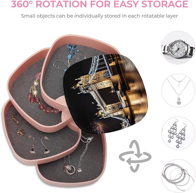 Night London Tower Bridge Rotating Jewelry Organizer Box 4-Layer 360° Rotatable - Image 4