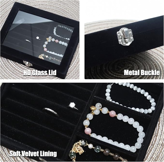 Small Velvet Jewelry Tray with Clear Lid, 2-in-1 Black | Lockable Ring Earring - Image 3