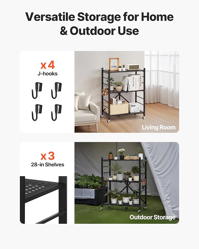 VEVOR 3-Tier Foldable Storage Shelf, 28W x 13D x 36H Inch Folding Metal Rack - Image 8