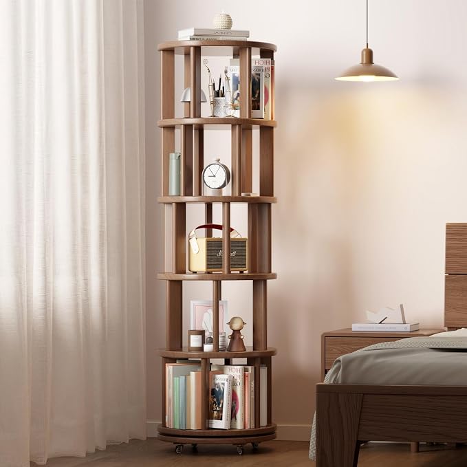 Solid Wood Rotating Bookshelf on Wheels, 5 Tier, Round Revolving Bookcase - Image 8