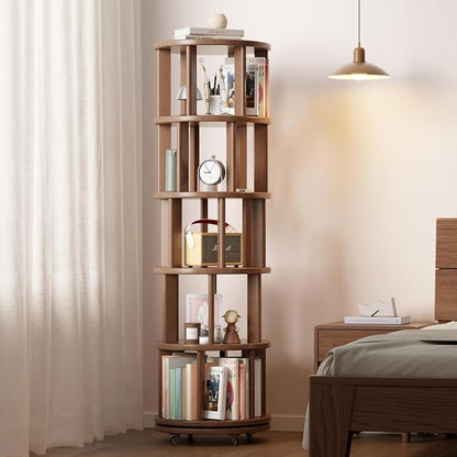 Solid Wood Rotating Bookshelf on Wheels, 5 Tier, Round Revolving Bookcase - Image 8