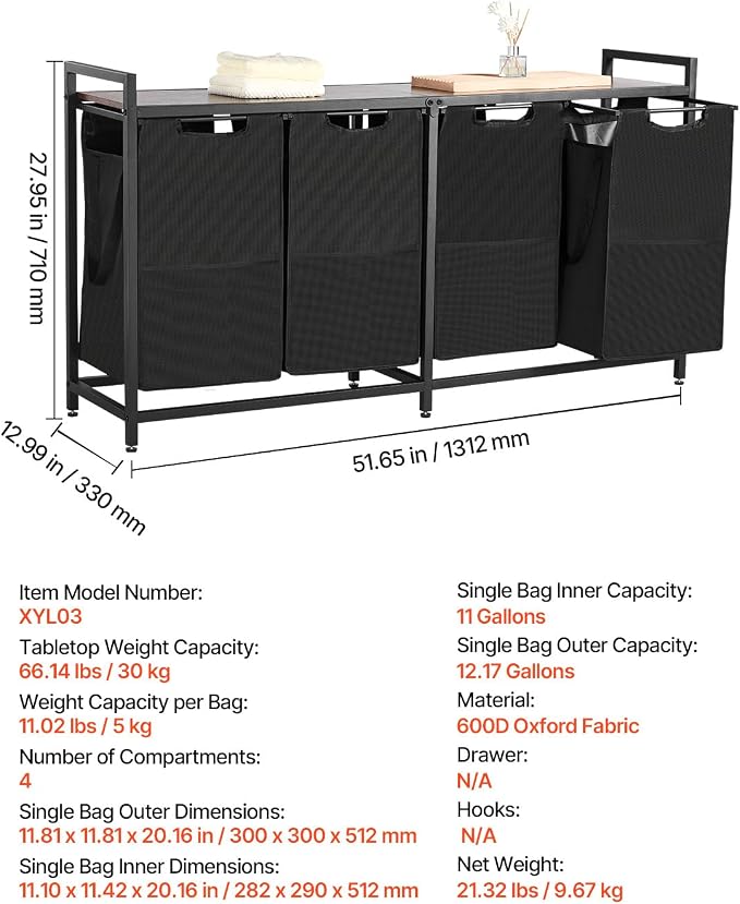 VEVOR 4 Section Laundry Sorter, Large Laundry Hamper - Image 7