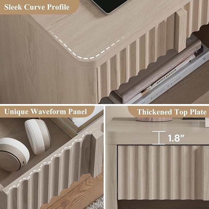 Fluted Nightstand with Charging Station, 23.6" End Table with Solid Wood Handle - Image 6