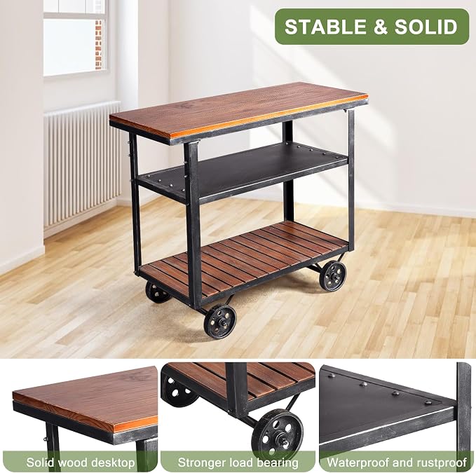 Vintage Rolling Bar Cart on Wheels Industrial Mobile Serving Cart Metal and - Image 5