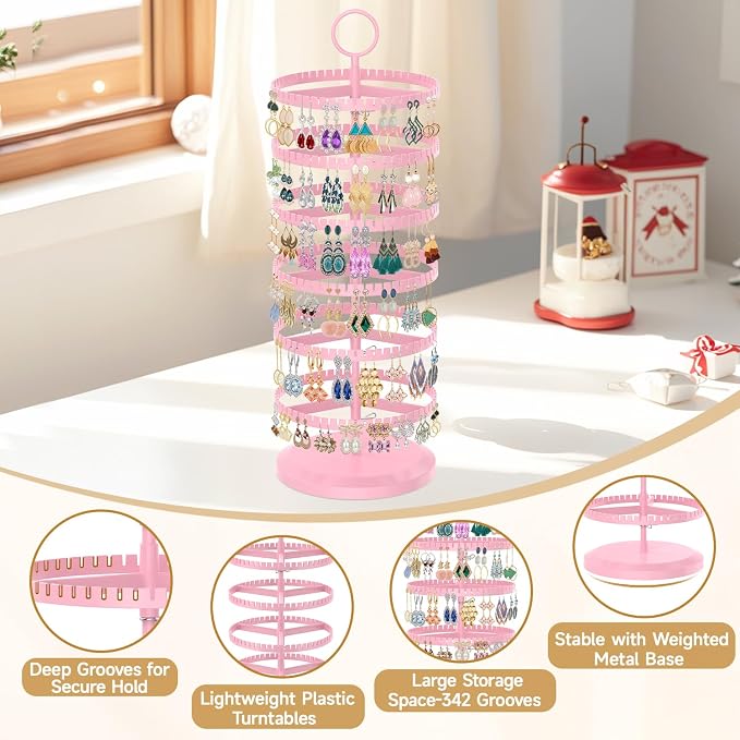 MODOWEY Rotating Earring Holder Organizer Adjustable Display, 6 Tiers Pink | - Image 4