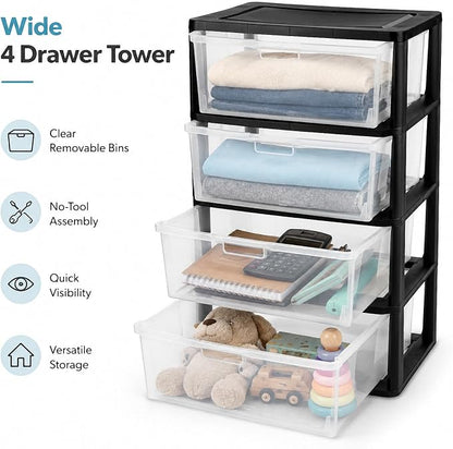 Wide 4 Drawer Plastic Storage Tower Organizer Clear Bins Bedroom | Removable - Image 4